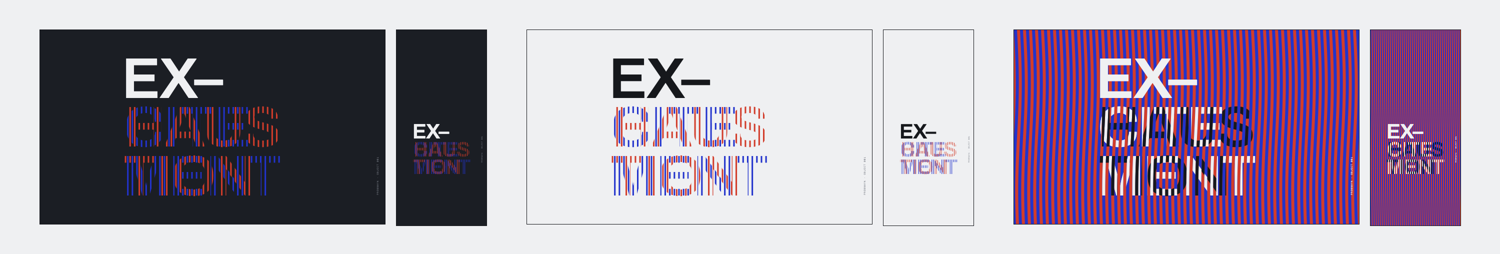 Three wallpapers, each for desktop and phone: EX– with CITEMENT and HAUSTION cut into interlaced blue and red strips, on a dark ground, on a light ground, and inside a field of rippled blue and red strips.